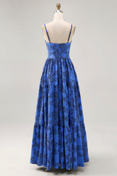 Blumen A Linie Blaues Spaghettiträger Hochzeitsgastkleid